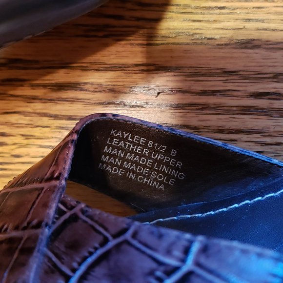 Ralph Lauren Chaps Women's 8.5 Brown Leather Pumps Croc Peep Toe Heels - Picture 3 of 8